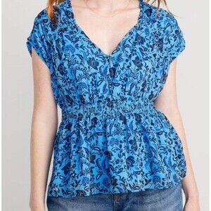 Old Navy Blue Waist-Defined Printed Dolman-Sleeve Top Size Large Womens